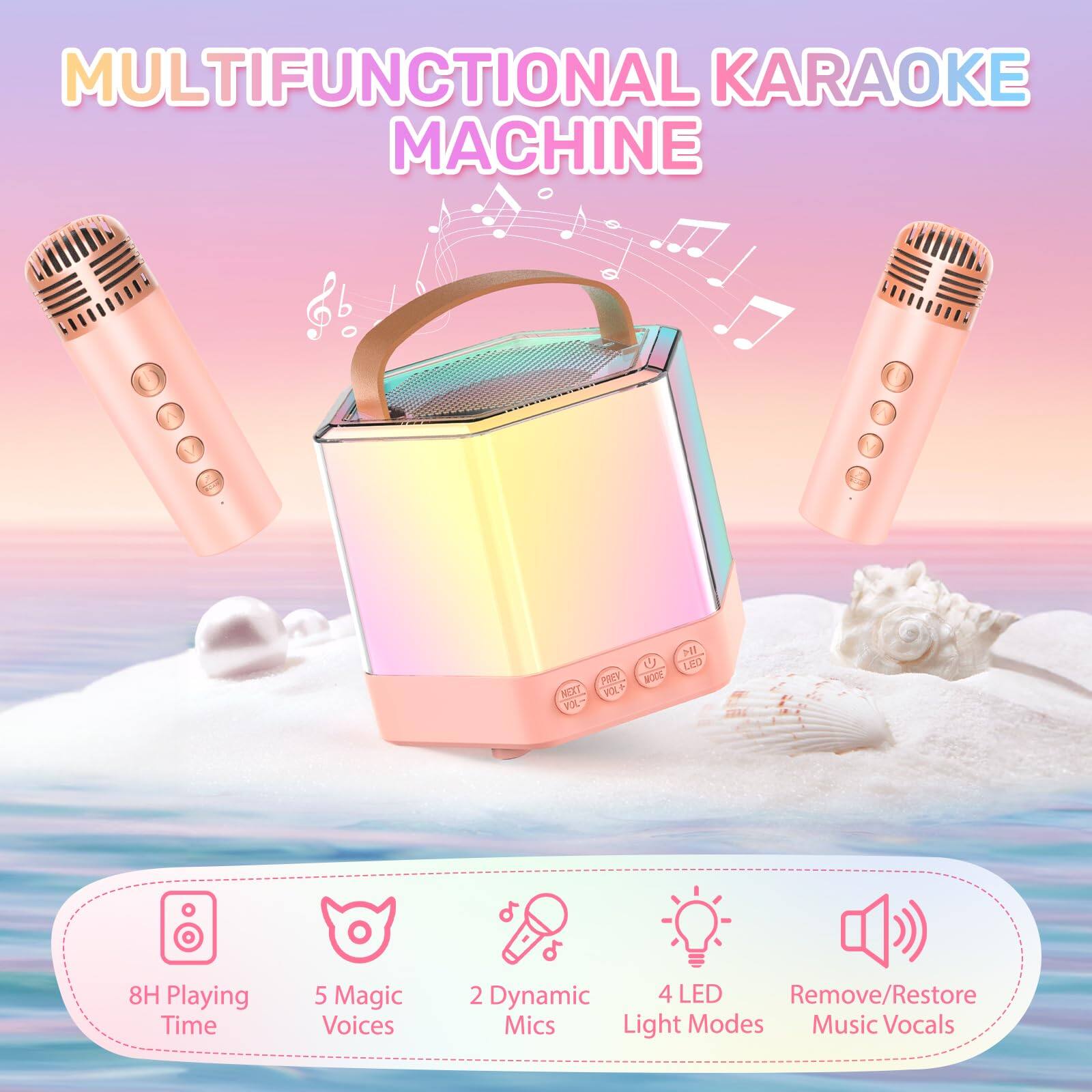 MULTIFUNCTIONAL KARAOKE MACHINE

- 8H Playing Time
- 5 Magic Voices
- 2 Dynamic Mics
- 4 LED Light Modes
- Remove/Restore Music Vocals