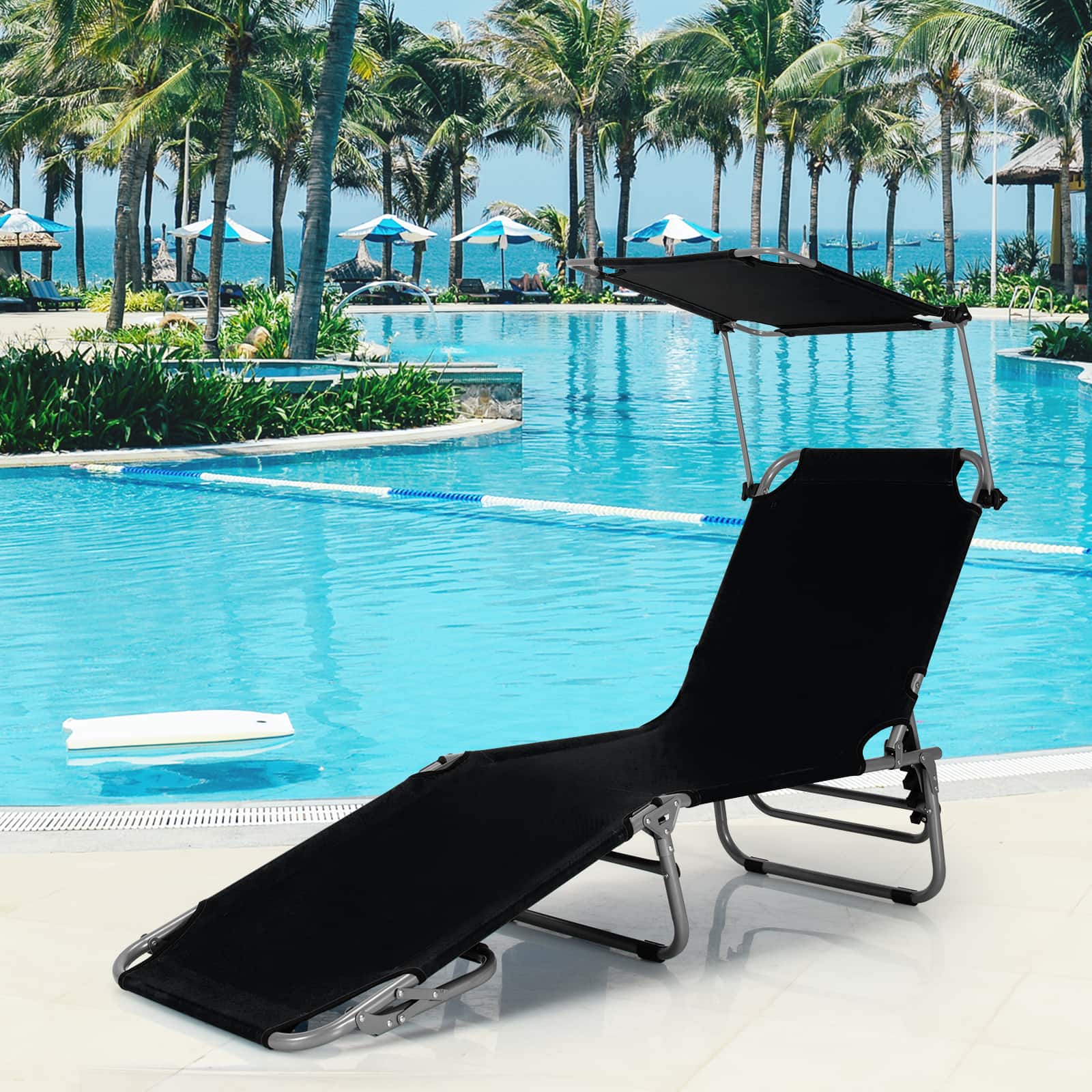 Gymax - Foldable Lounge Chair Adjustable Outdoor Beach Patio Pool Recliner W/ Sun Shade - Black