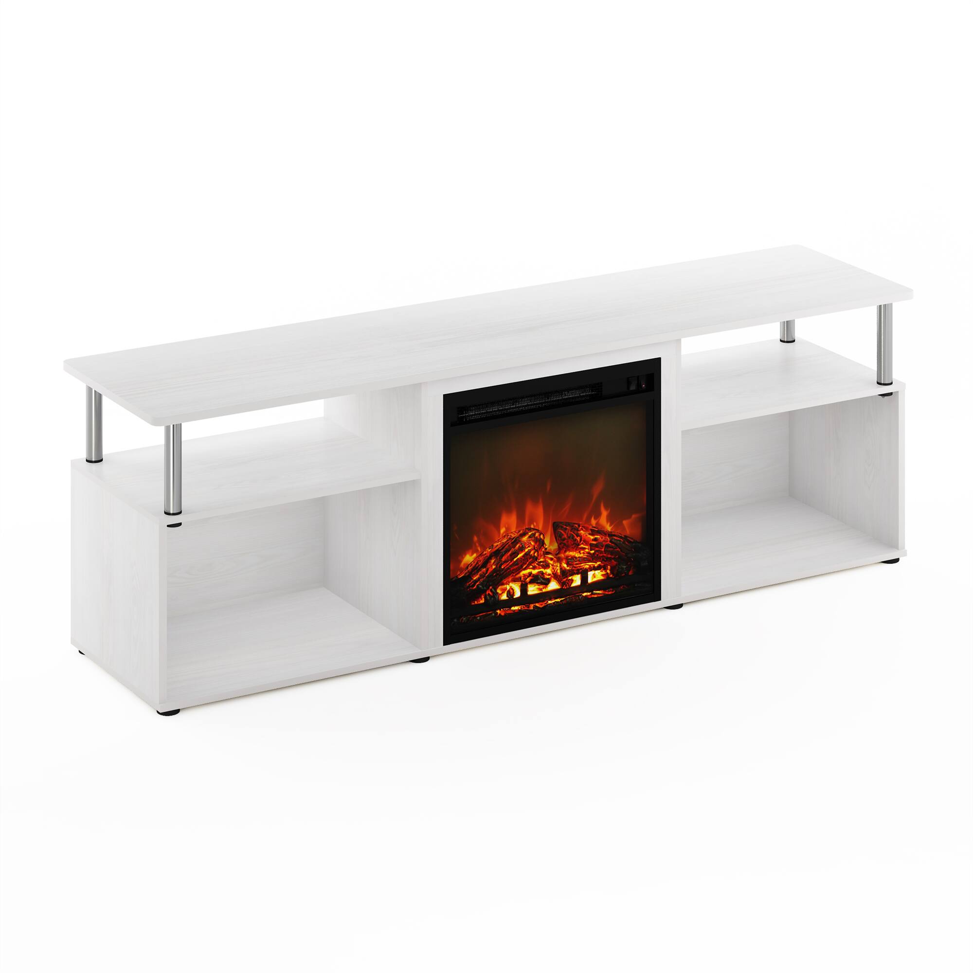 Furinno - Jensen Open Storage Fireplace Entertainment Center for TV up to 70 Inch with Stainless Steel Tubes, Stainless Steel - White Oak/Stainless Steel