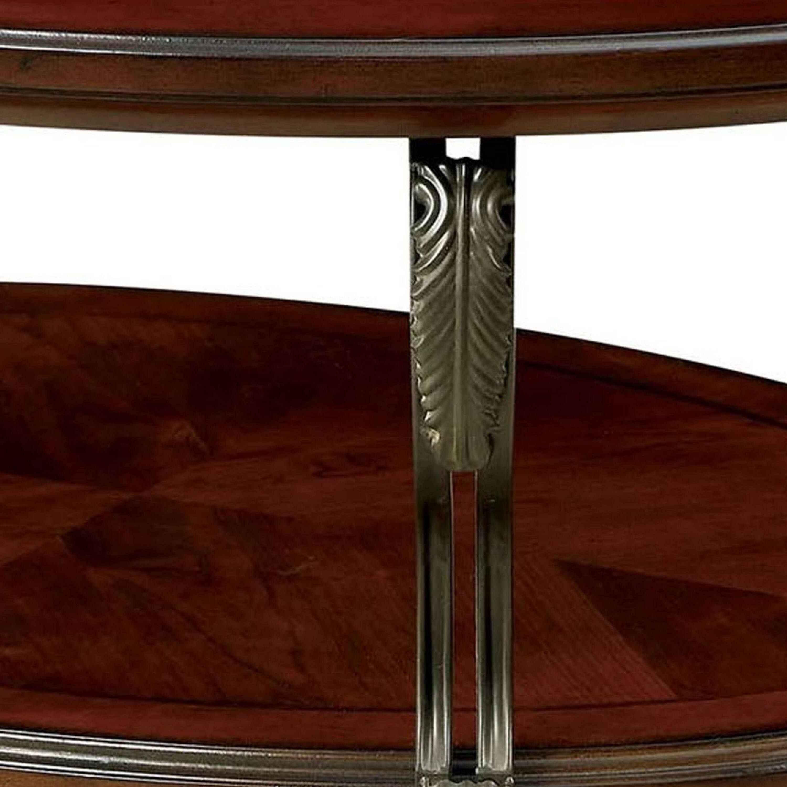 Left. Manhattan Lane - 48 Inch Oval Coffee Table, Glass Top, Scrolled Metal Legs, Cherry Brown - Brown.