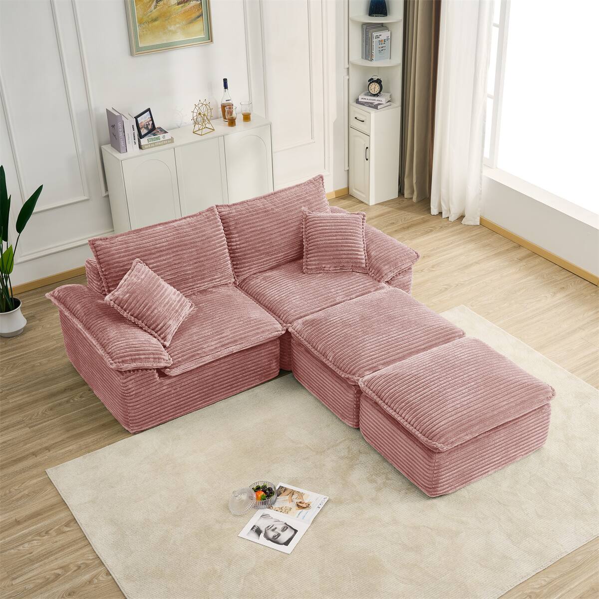 Left. AENKYO - 81" Sectional Sofa Oversized Corduroy Cloud Couch with Movable Ottoman for Living Room - Pink.