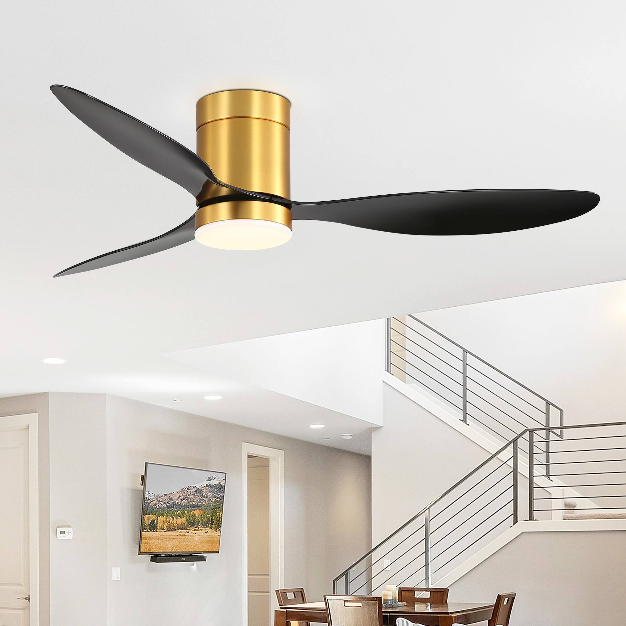 Back. Breezary - 52-Inch Flush Mount LED Ceiling Fan with 3 ABS Blades, DC Motor 120V/60Hz 28W, Memory Function, Remote Control - Black and Gold (with light).