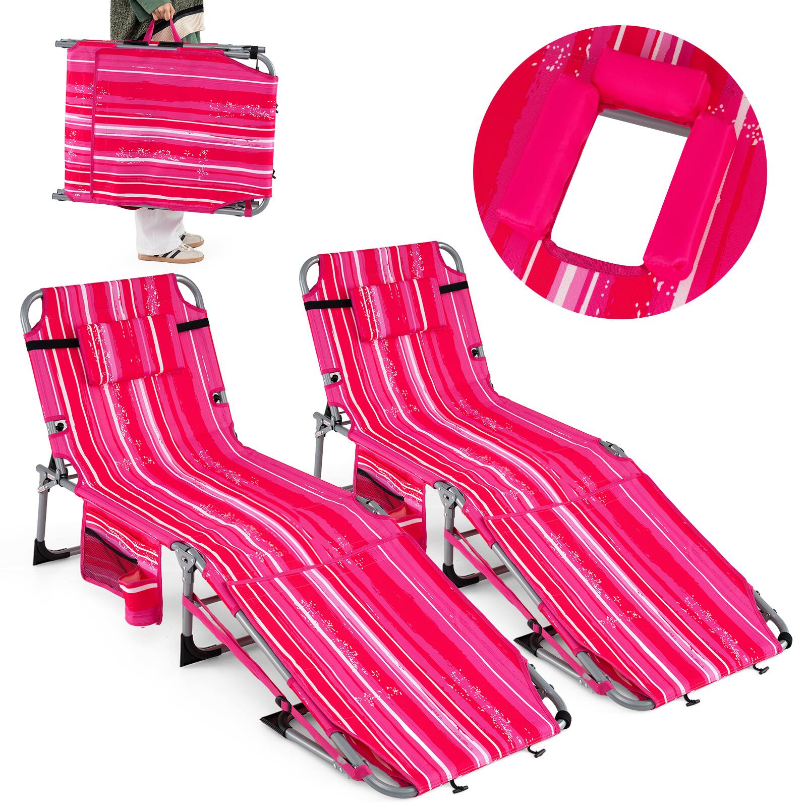 Alt View 8. Gymax - Gymax 2PCS Tanning Chair w/Face Arm Holes 4-Level Backrest & Head Pillow Side Pocket Pink  Stripe - Pink.