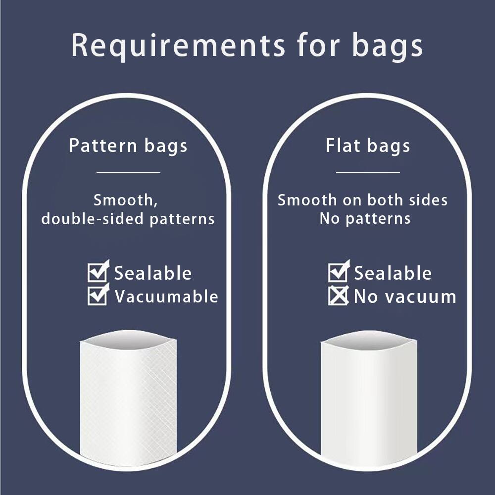 Requirements for bags

Pattern bags
- Smooth, double-sided patterns
- Sealable
- Vacuumable

Flat bags
- Smooth on both sides
- No patterns
- Sealable
- No vacuum
