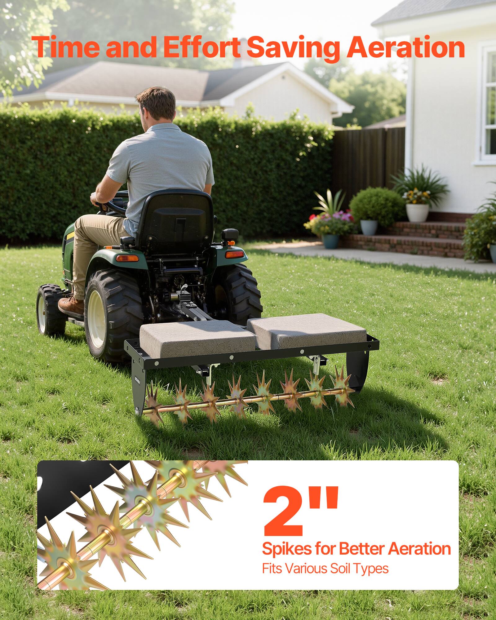 Time and Effort Saving Aeration  
2" Spikes for Better Aeration  
Fits Various Soil Types