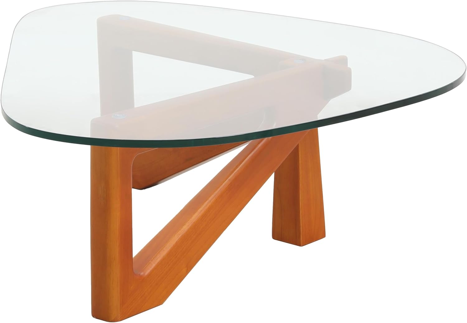 Alt View 2. LeisureMod - Imperial Modern Triangular Tempered Glass Coffee Table with Cross-Brace Wooden Base for Home & Living Room - Light Walnut.