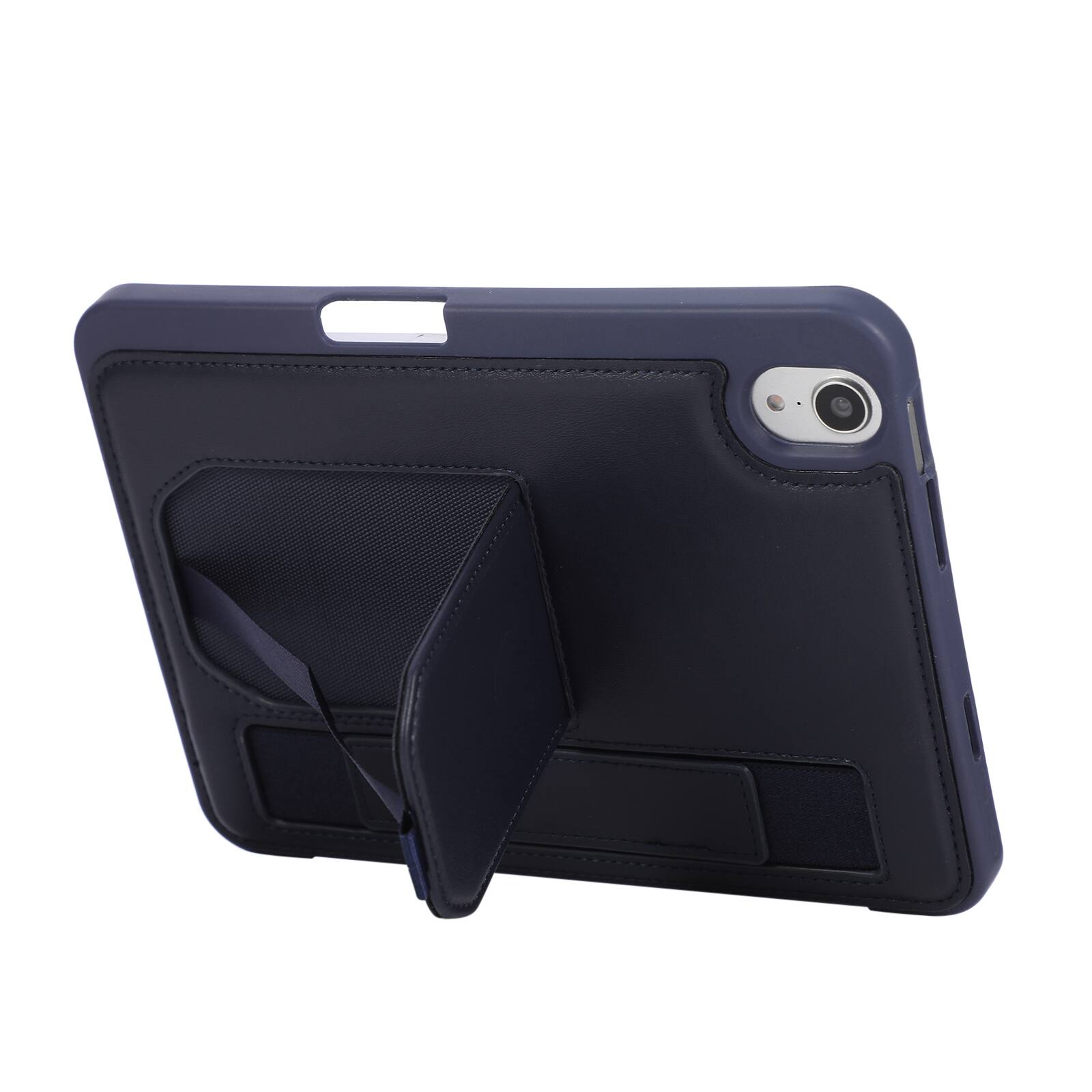 Back. Dteck - Shockproof Case for Apple iPad mini (A17 Pro) 2024 with Hand Strap and Foldable Stand, PU Leather TPU Protective Cover - Blue.