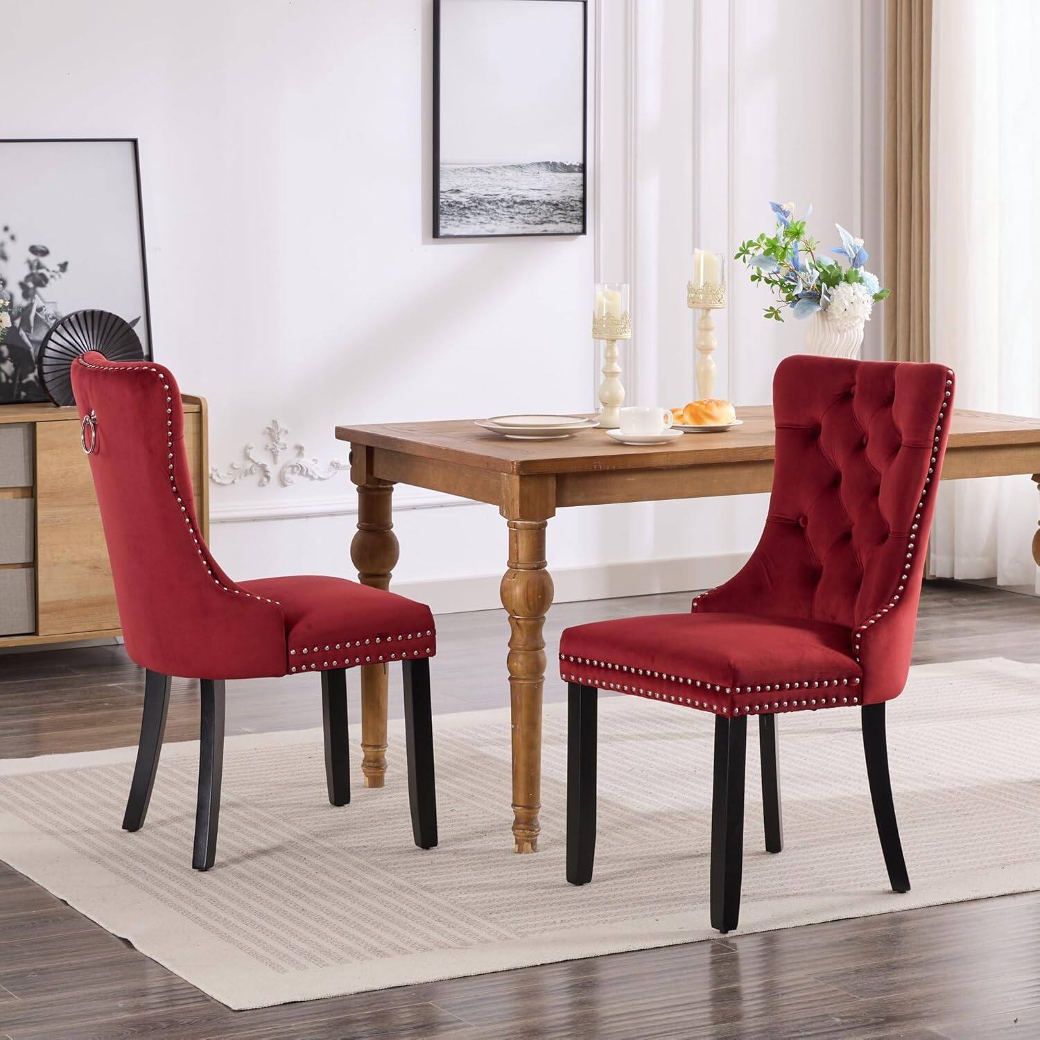Alt View 4. Trinkets Crazed - Velvet Dining Chairs Set of 2, Upholstered High-end Tufted Dining Room Chair with Wood Legs Nailhead Trim for Kitchen - Burgundy.