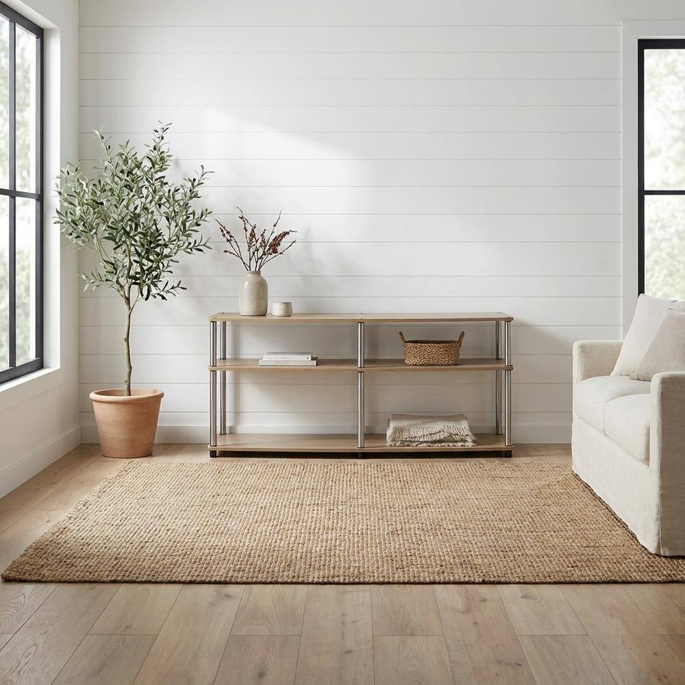 Alt View 1. FurniFact - Light Oak TV Stand with 3 Tiers and Stainless Steel Poles - Brown.