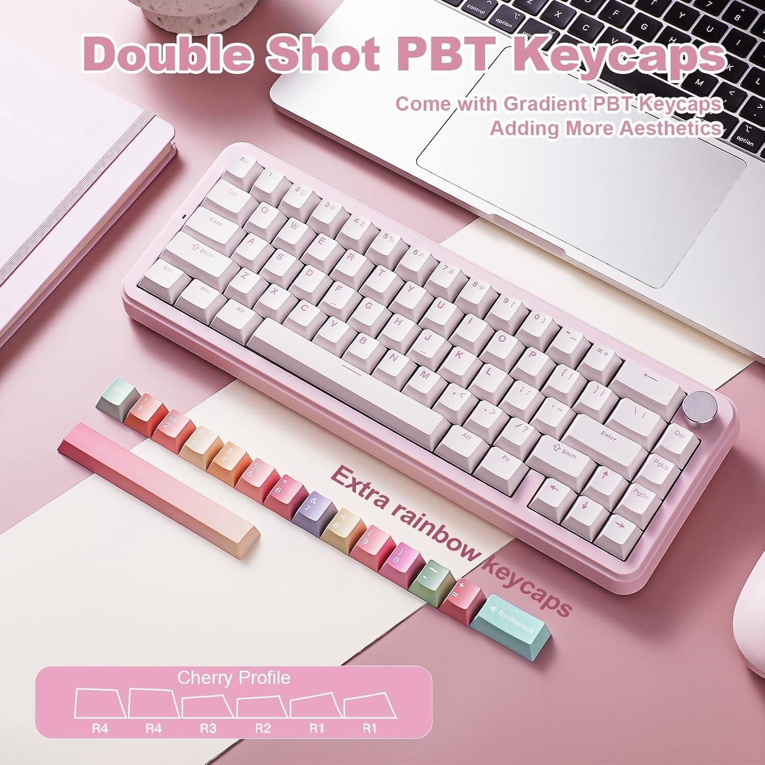 The text on the image is:

"Double Shot PBT Keycaps
Come with Gradient PBT Keycaps
Adding More Aesthetics

Extra rainbow keycaps

Cherry Profile
R4 R4 R3 R2 R1 R1"