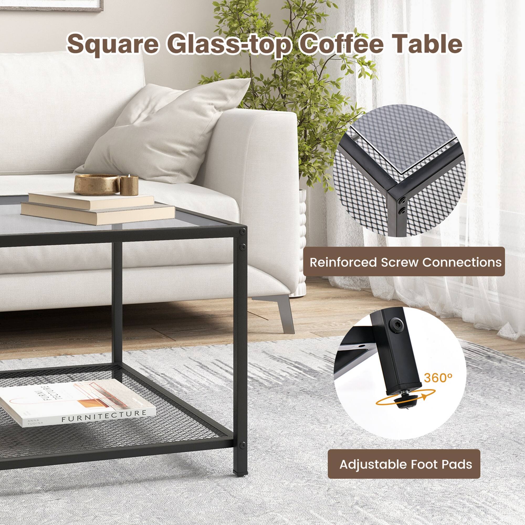 Square Glass-top Coffee Table ! Reinforced Screw Connections 360 Degree Adjustable Foot Pads