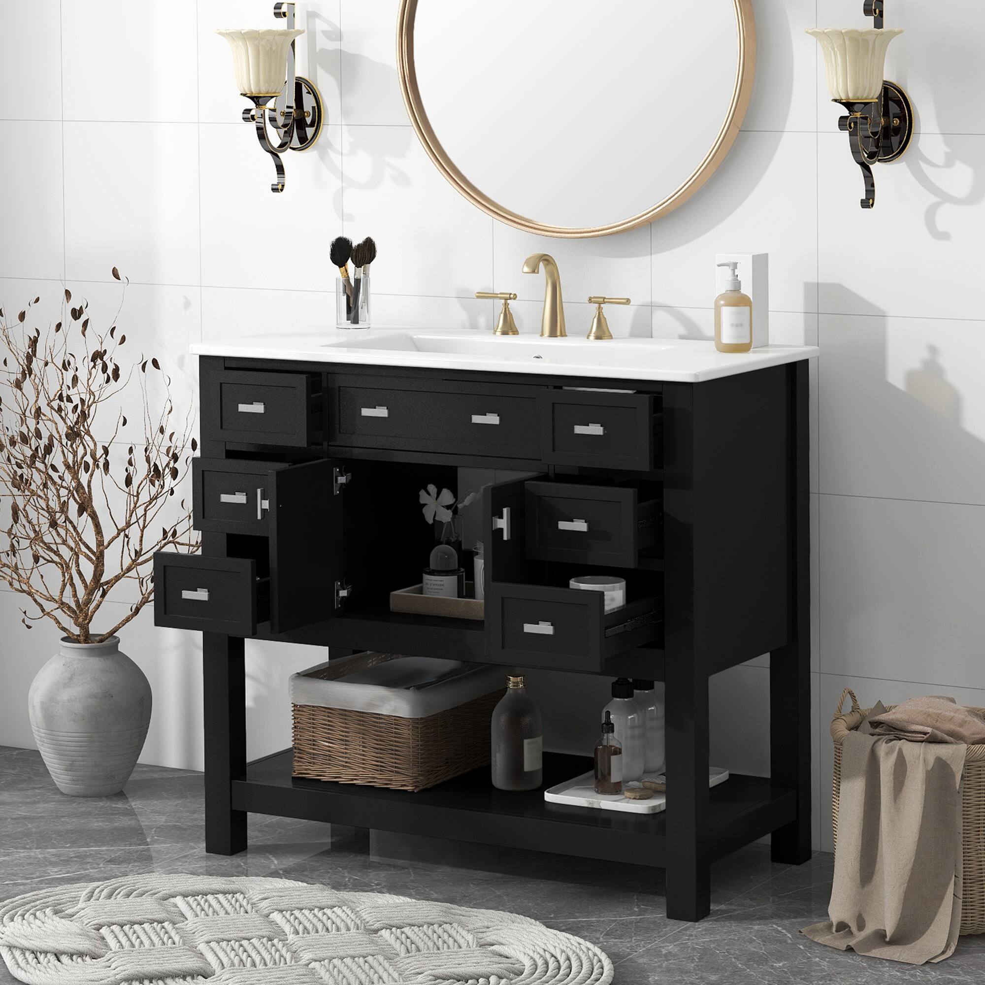 Front. Tiramisubest - 36" Bathroom Vanity with Top Sink, Modern Bathroom Storage Cabinet with 2 Soft Closing Doors and 6 Drawers - Black.