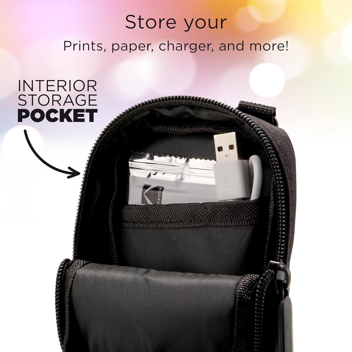 Store your prints, paper, charger, and more!  
INTERIOR STORAGE POCKET