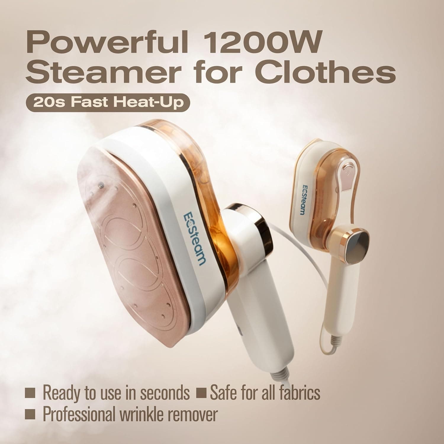 Powerful 1200W Steamer for Clothes  
20s Fast Heat-Up  

ECSteam  
Ready to use in seconds  
Safe for all fabrics  
Professional wrinkle remover