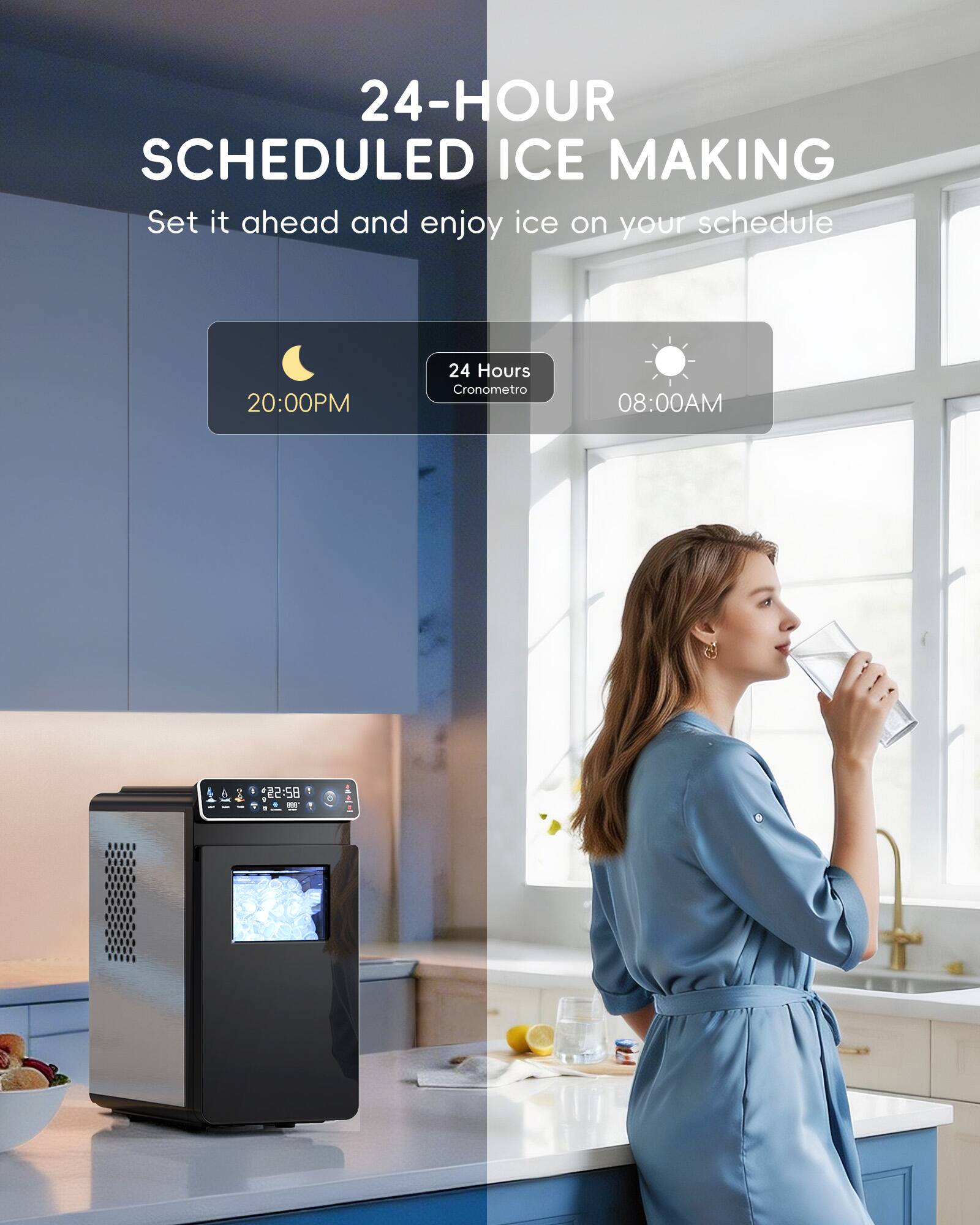 24-HOUR SCHEDULED ICE MAKING  
Set it ahead and enjoy ice on your schedule  

20:00PM  
24 Hours  
Cronometro  
08:00AM