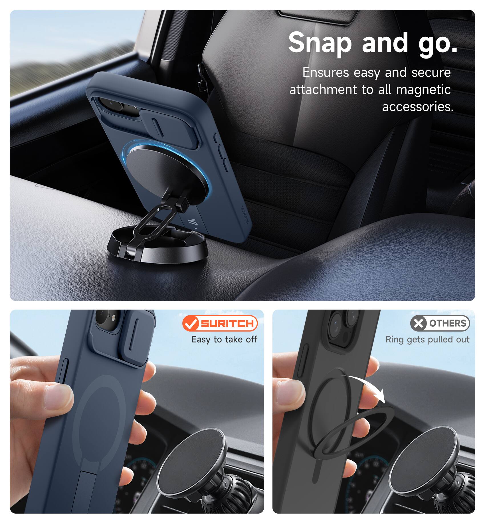 Snap and go.  
Ensures easy and secure attachment to all magnetic accessories.  

SURITCH  
Easy to take off  

OTHERS  
Ring gets pulled out