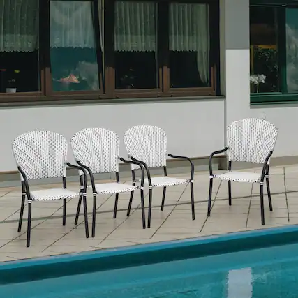 Front. Gymax - Gymax Set of 4 Patio Rattan Dining Chairs Stackable Armrest No Assembly - White & Blue.