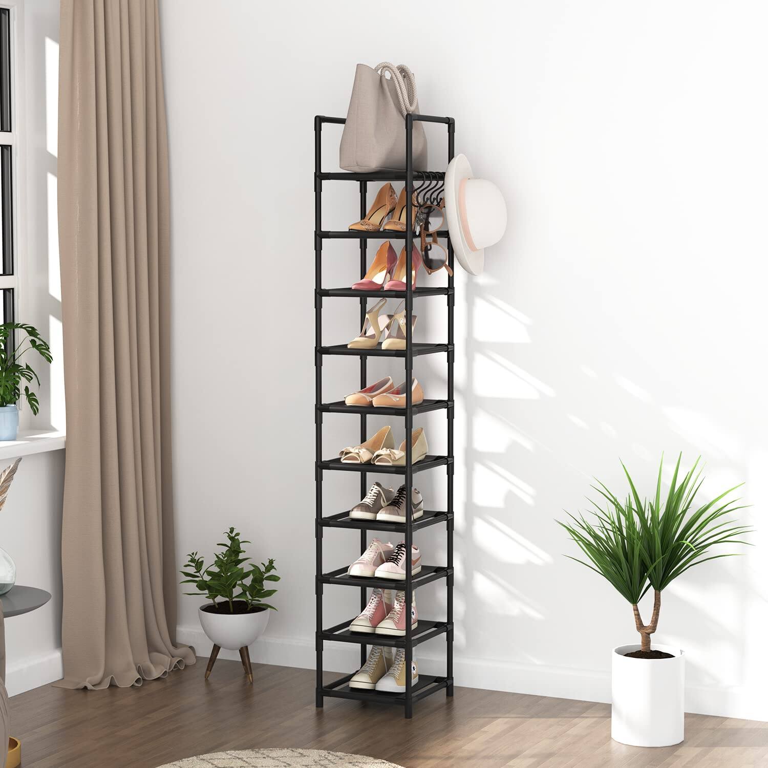 Alt View 6. Hanke - Tall Narrow Shoe Rack For Entryway 10-tier Sturdy Metal Shelf Storage 10- Of Shoes And Boots Space Saving - Brown 10 tiers.