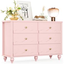 Aheaplus - 43-inch Modern 6-Drawer Dresser with Scalloped Front for Bedroom & Living Room Storage - Pink