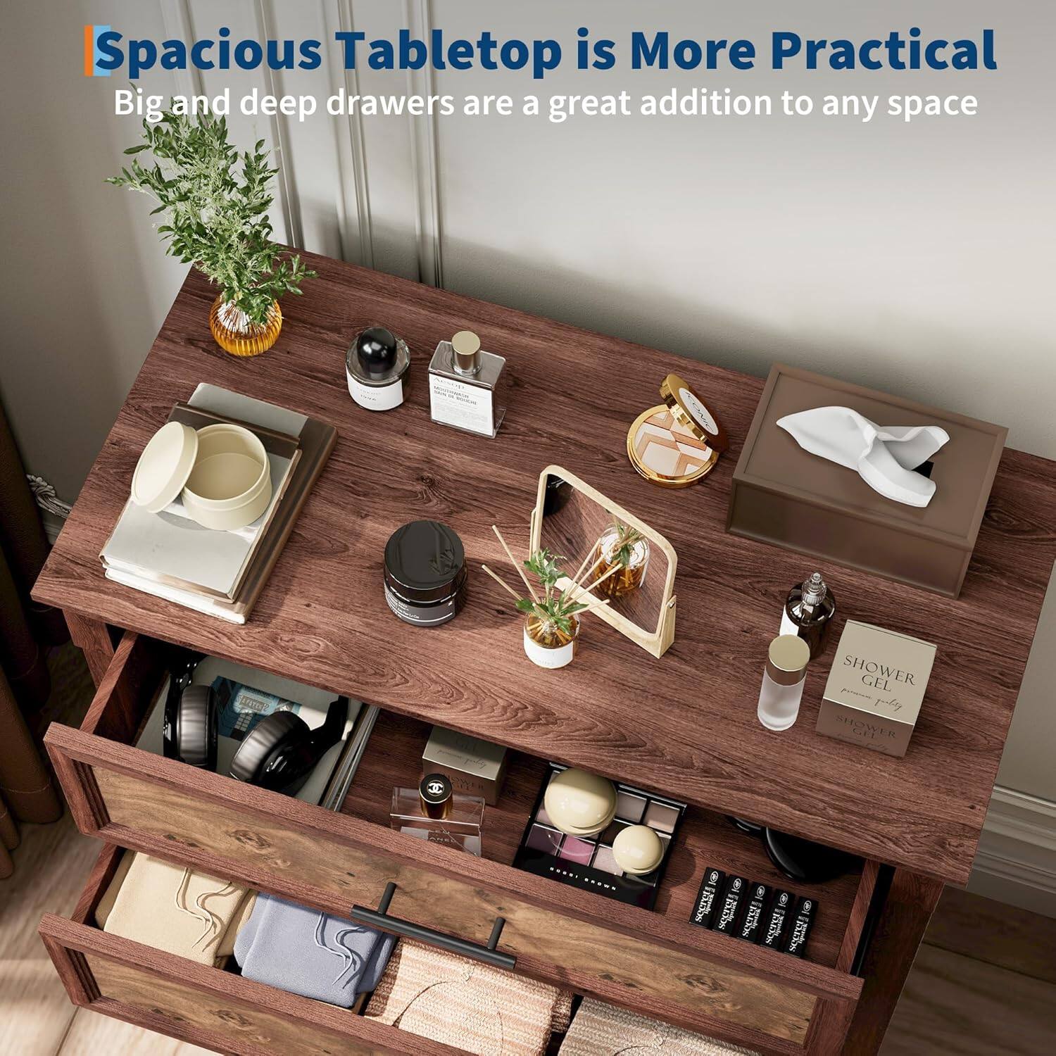 Spacious Tabletop is More Practical  
Big and deep drawers are a great addition to any space