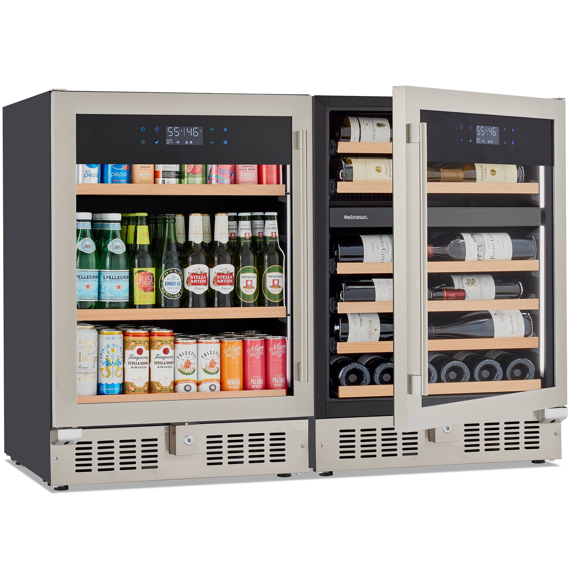 Angle. Wine Enthusiast - SommSeries2 Beverage Station 46 bottle Dual Zone and 178 Can Beverage Center - Stainless Steel.