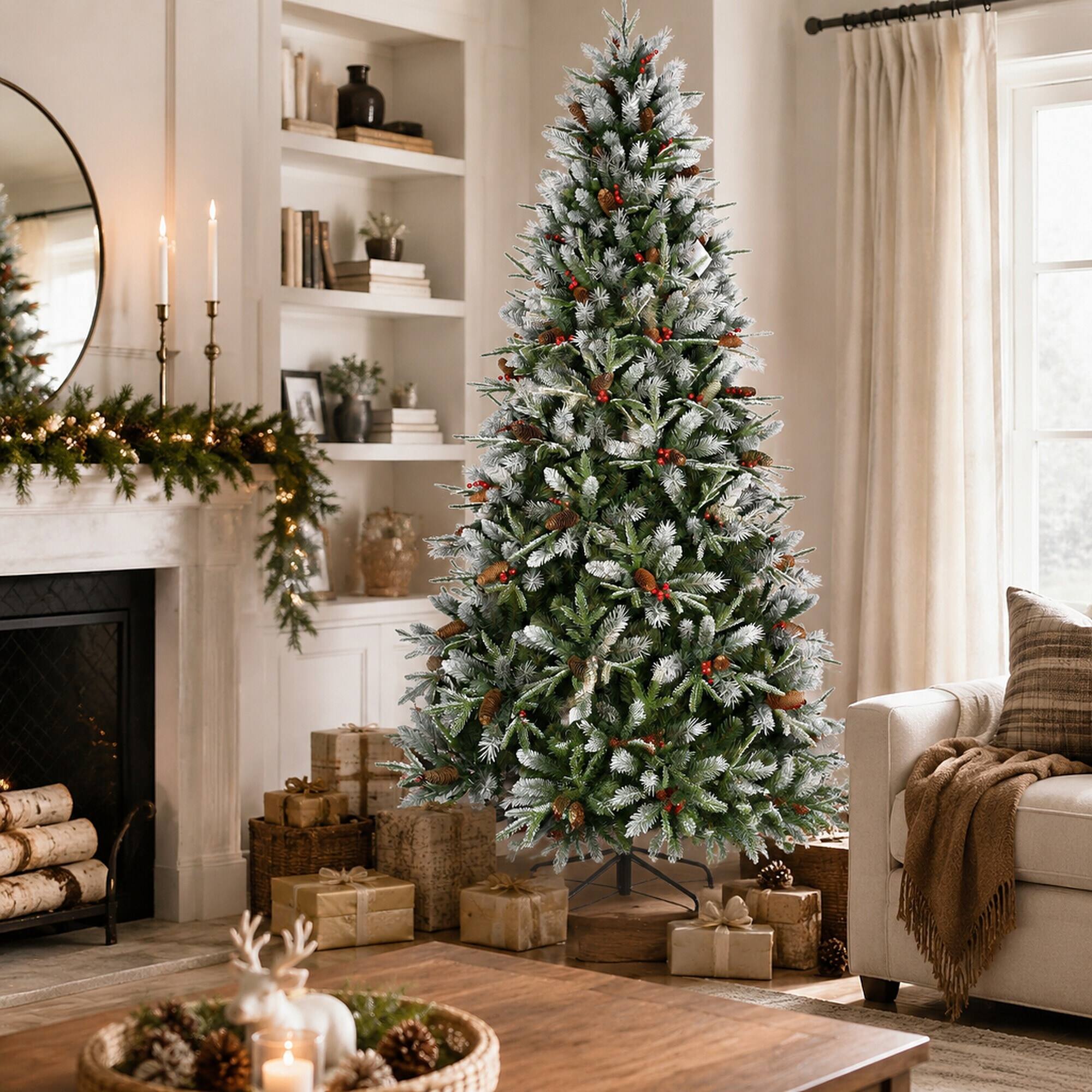 Left. RYHNUYNE - 9FT Christmas Tree With Red Berries Pine Cones, 3750 Snow-Dusted PE+PVC Branches Hinged Design Sturdy Metal Stand - Green,White.