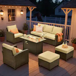 Ovios - 6 PCS Patio Furniture with 42" Fire Pit Table, Comfy 3 Seat Sofa with Armchairs and Ottomans for Garden - Beige