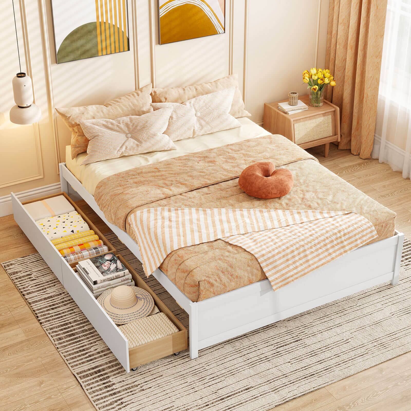 Alt View 2. Costway - Costway Queen Size Wooden Bed Frame with  Rolling Storage Drawers Wood Slat Support - White.