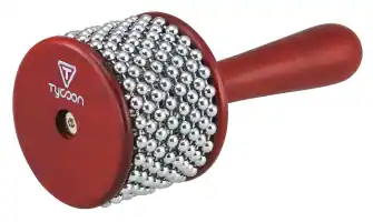 Front. Tycoon Percussion - Cabasa, Small Size, Stainless Steel Shell, Steel-Bead Chains, Wooden Flanges & Handle.