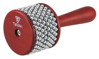 Front. Tycoon Percussion - Cabasa, Small Size, Stainless Steel Shell, Steel-Bead Chains, Wooden Flanges & Handle.