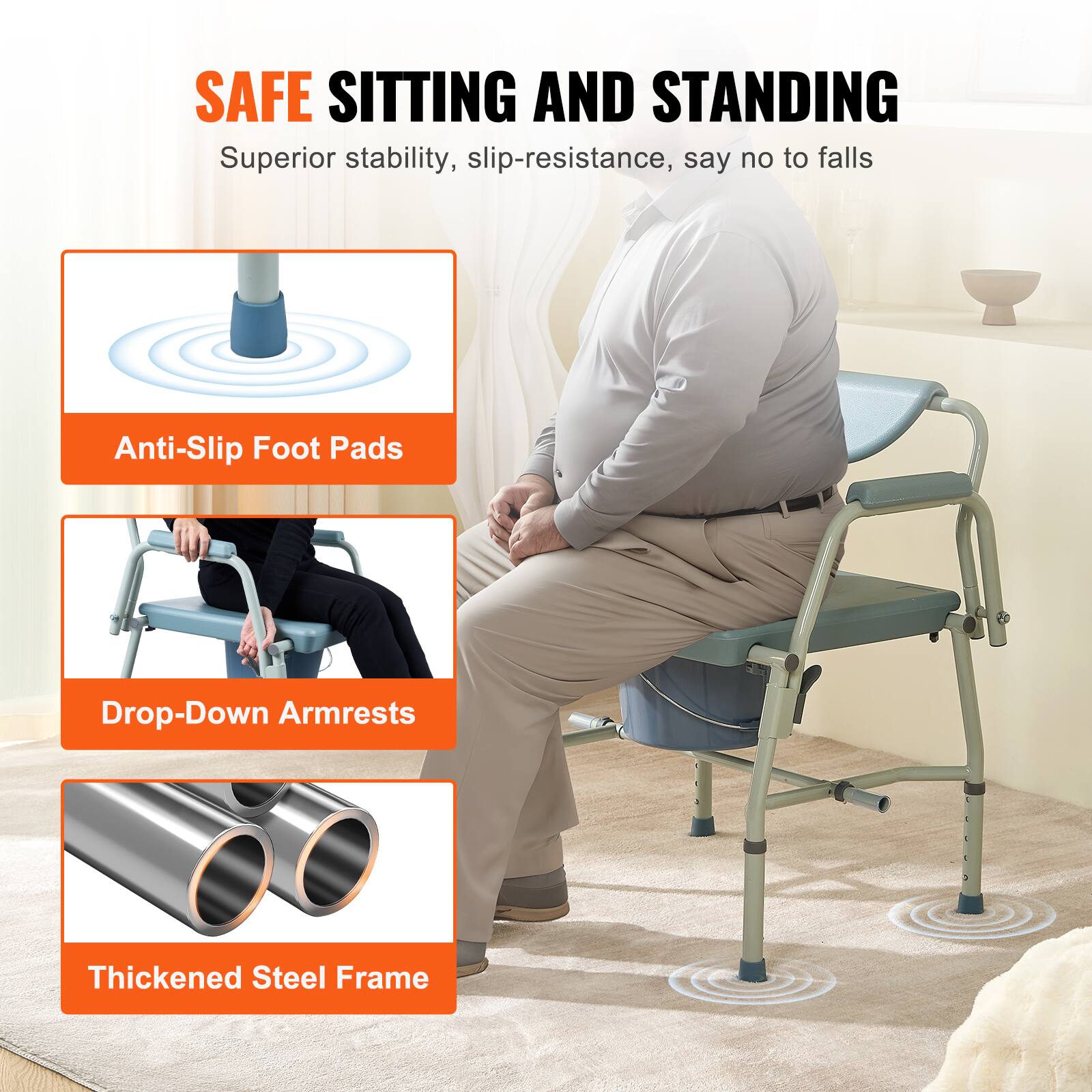 SAFE SITTING AND STANDING
Superior stability, slip-resistance, say no to falls
Anti-Slip Foot Pads
Drop-Down Armrests
Thickened Steel Frame