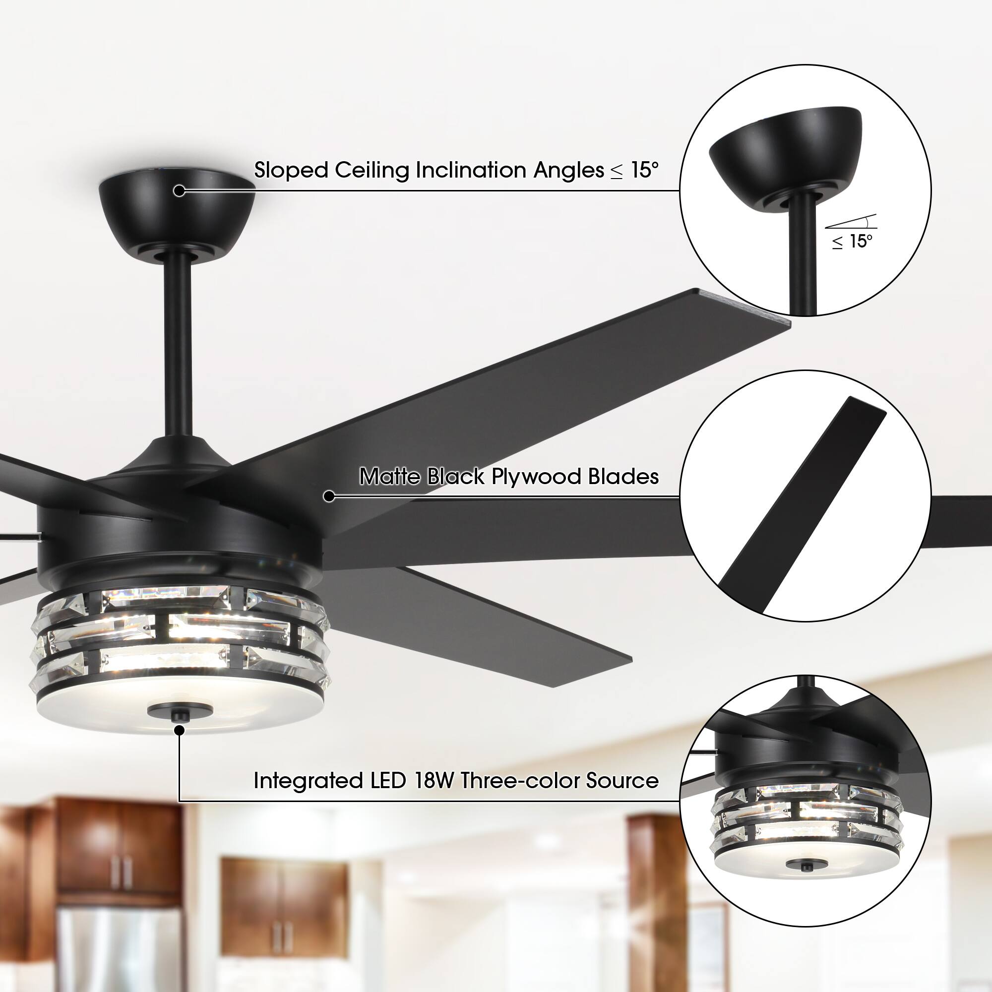 Sloped Ceiling Inclination Angles ≤ 15°

Matte Black Plywood Blades

Integrated LED 18W Three-color Source