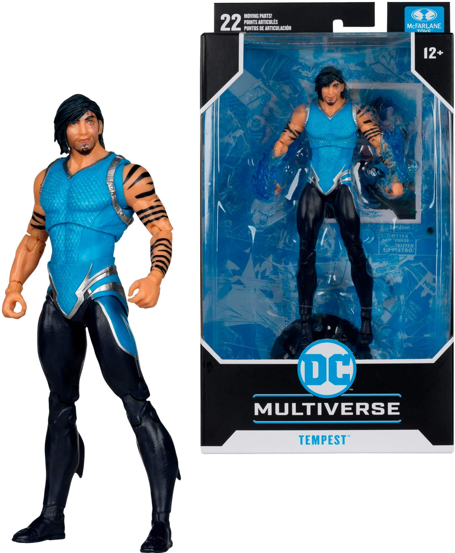 The image features a blue and black action figure of a man, which is part of the DC Multiverse line. The figure is posed in a dynamic stance, showcasing its articulated joints. The action figure is displayed in a box, which also includes a comic book cover featuring the character. The box is labeled with the name "DC Multiverse Tempest," indicating that the figure is a representation of the character Tempest from the DC Comics universe.