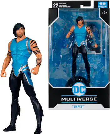 The image features a blue and black action figure of a man, which is part of the DC Multiverse line. The figure is posed in a dynamic stance, showcasing its articulated joints. The action figure is displayed in a box, which also includes a comic book cover featuring the character. The box is labeled with the name "DC Multiverse Tempest," indicating that the figure is a representation of the character Tempest from the DC Comics universe.
