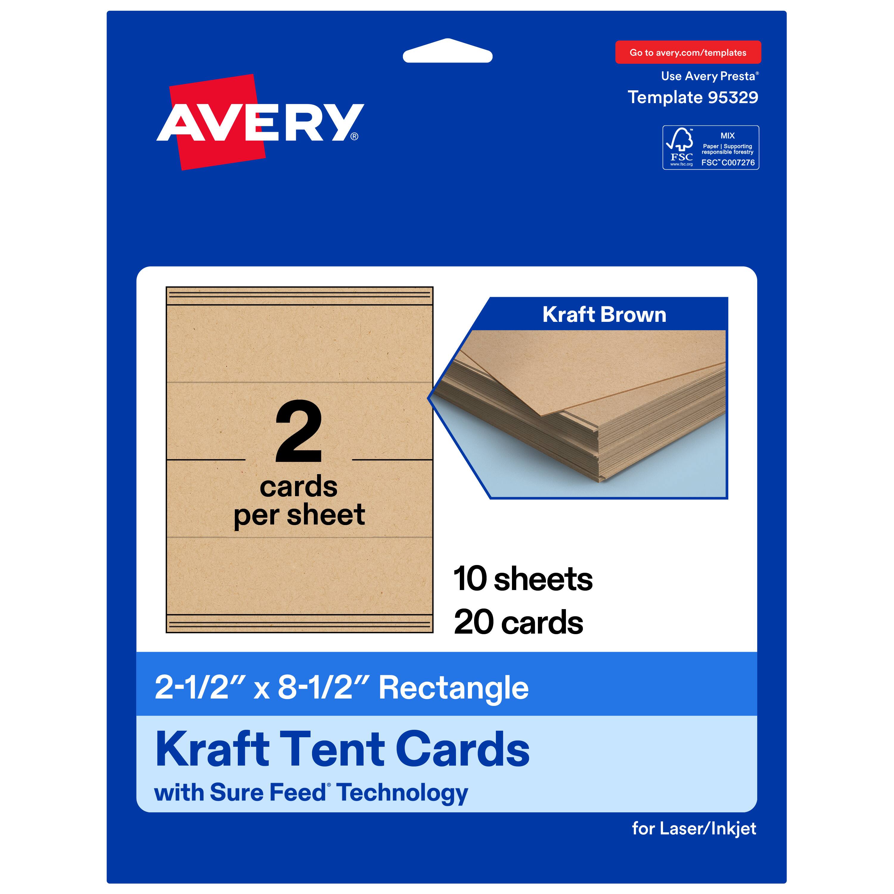 Go to avery.com/templates  
Use Avery Presta Template 95329  

Kraft Brown  
2 cards per sheet  
10 sheets  
20 cards  

2-1/2" x 8-1/2" Rectangle Kraft Tent Cards with Sure Feed Technology for Laser/Inkjet