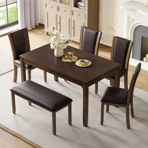 Angle. LUCKY ONE - 6-Piece Farmhouse Dining Set with 58.5" Rectangular Dining Table, Bench and 4 Upholstered Chairs - Dark Walnut.