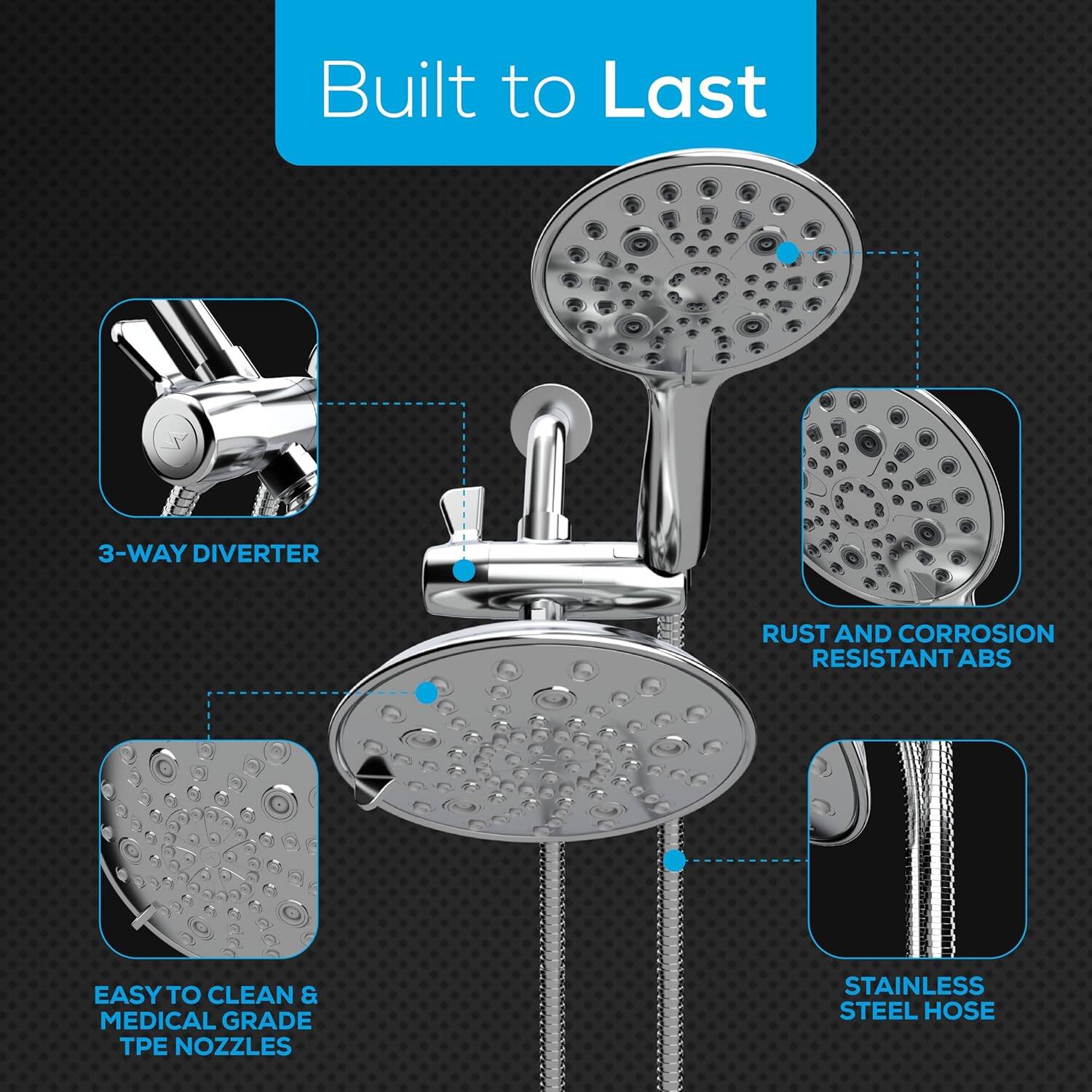 Built to Last

- 3-WAY DIVERTER
- RUST AND CORROSION RESISTANT ABS
- EASY TO CLEAN & MEDICAL GRADE TPE NOZZLES
- STAINLESS STEEL HOSE