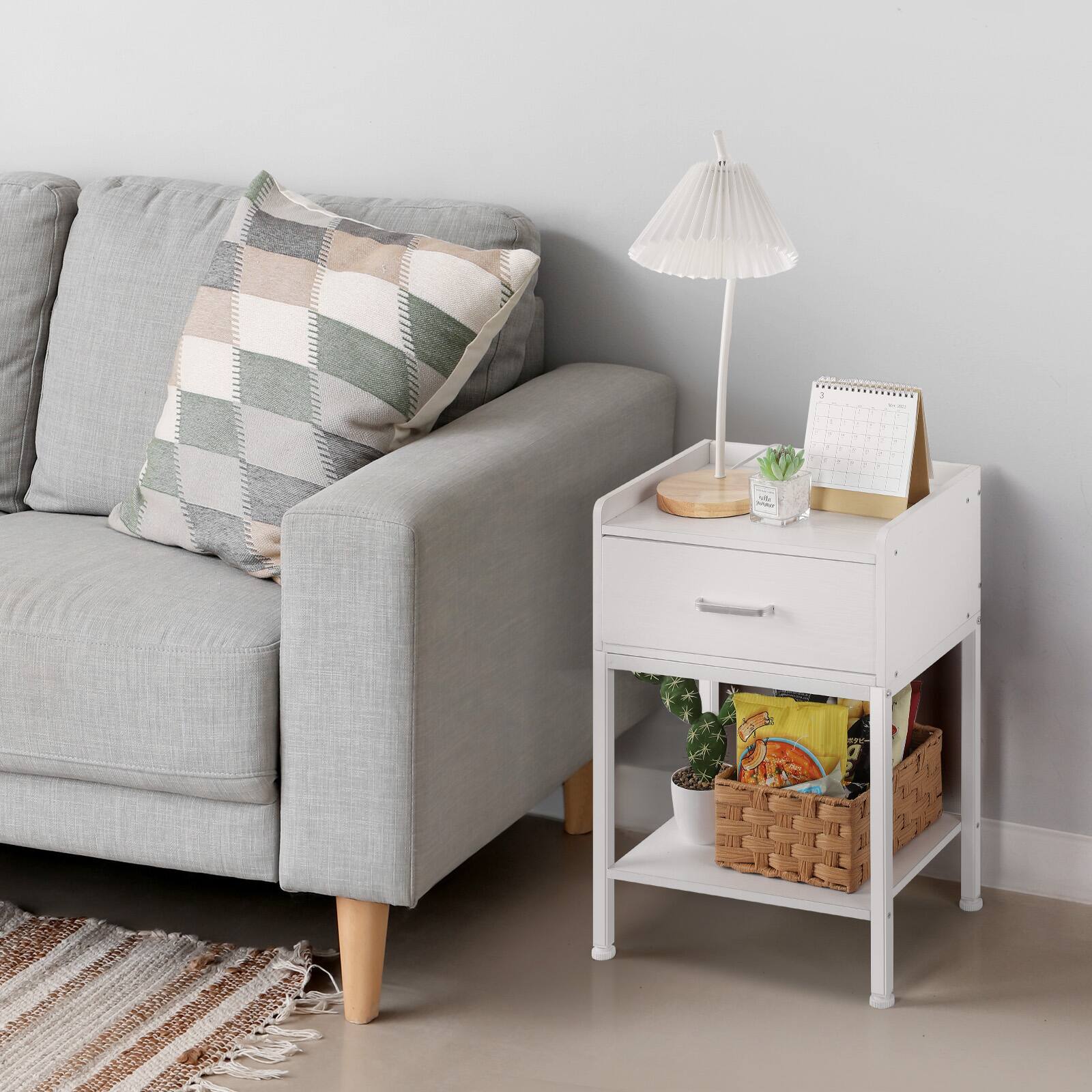 Alt View 1. Oumilen - White Nightstand with Charging Station, Modern End Table with Drawer & Open Shelf - White.