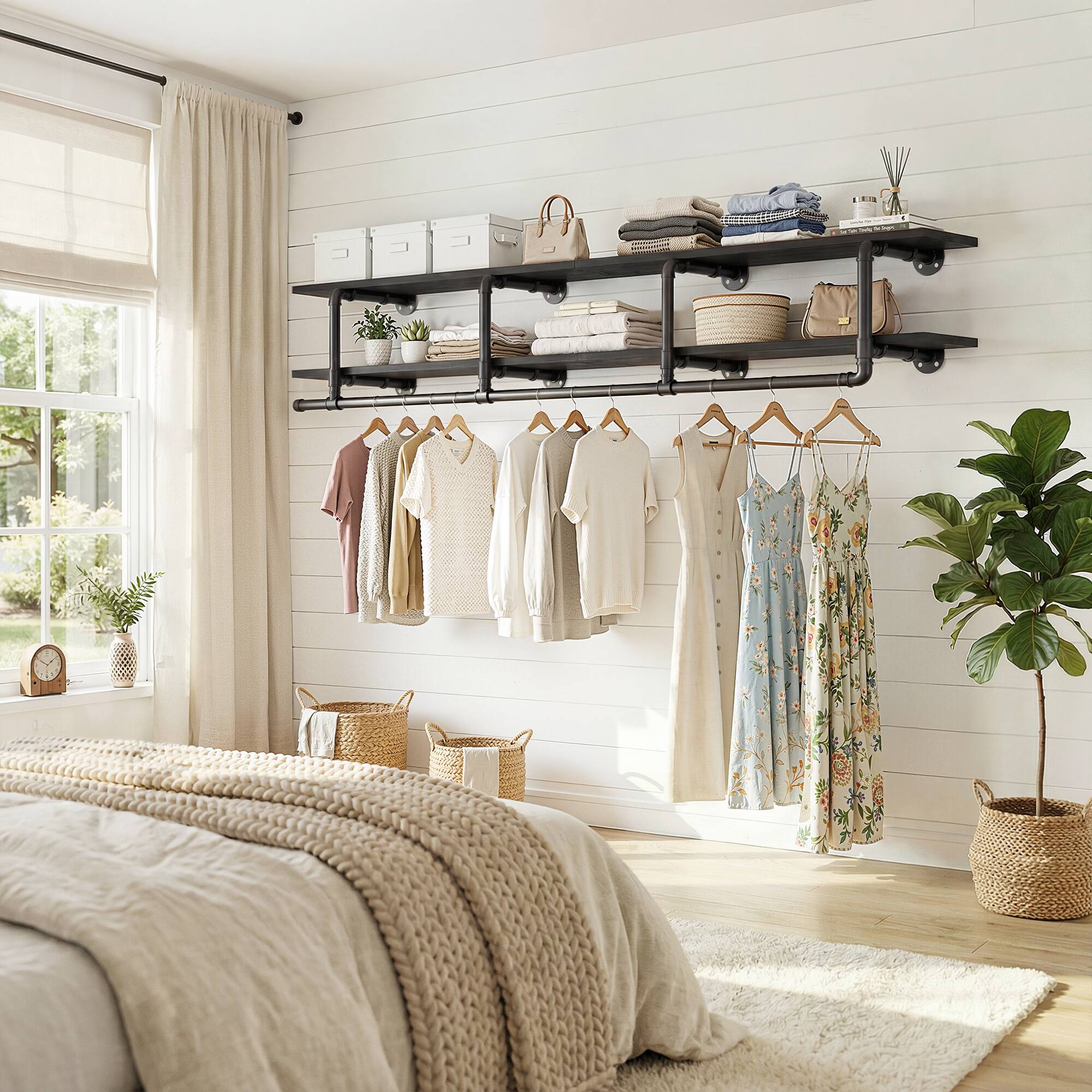 Alt View 2. Aheaplus - 72.5'' Wide Wall Industrial Pipe Garment Rack, 2-Tier Wall Clothing Rack for Laundry/Entryway/Closet - Black.