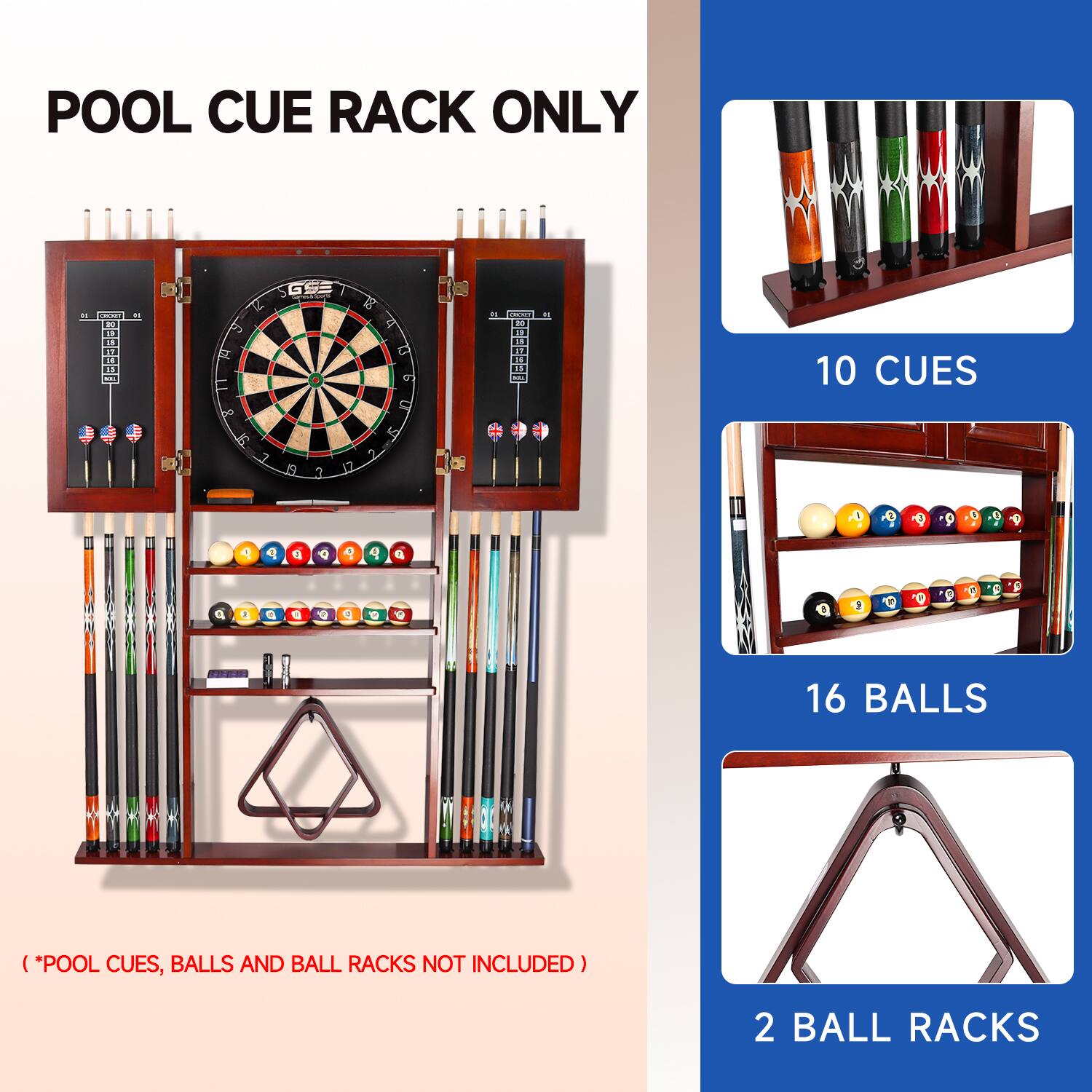 POOL CUE RACK ONLY - 10 CUES - 16 BALLS - 2 BALL RACKS - (POOL CUES, BALLS AND BALL RACKS NOT INCLUDED)