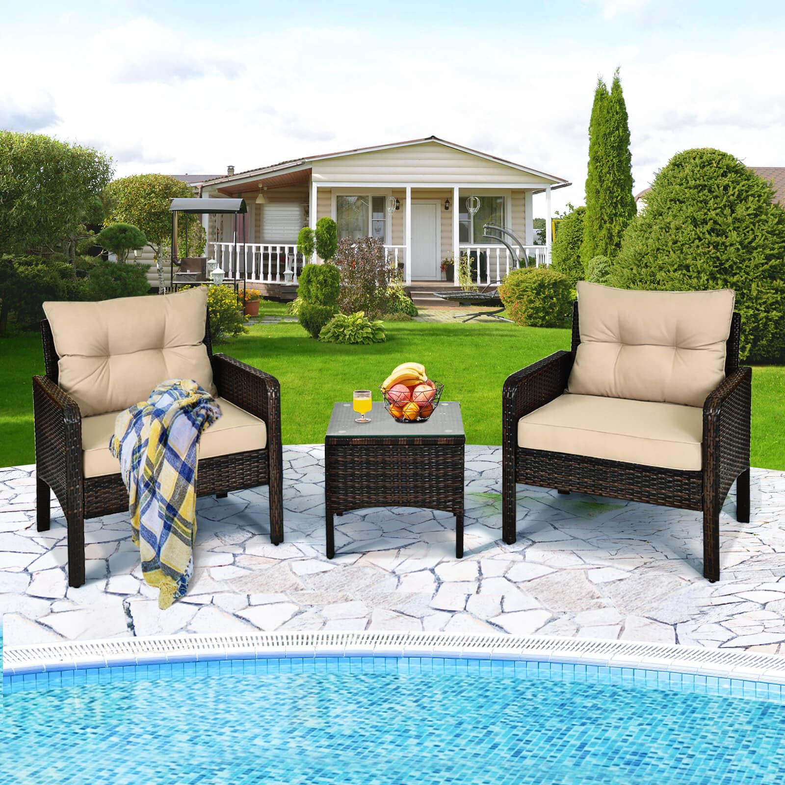 Front. Costway - Costway 3 PCS Patio PE Wicker Furniture Set with Cushions and Tempered Glass Coffee Table - Brown.