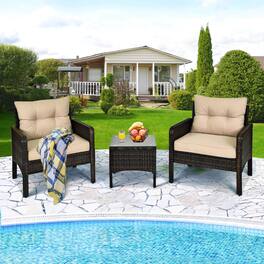 Costway - 3 PCS Patio PE Wicker Furniture Set with Cushions and Tempered Glass Coffee Table - Brown