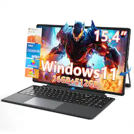Jumper - 2 in 1 Laptop Tablet, 15.4 inch Computer IPS FHD Touchscreen, 4-Core N150, 16GB DDR5 RAM 512GB SSD, Window 11 - Black