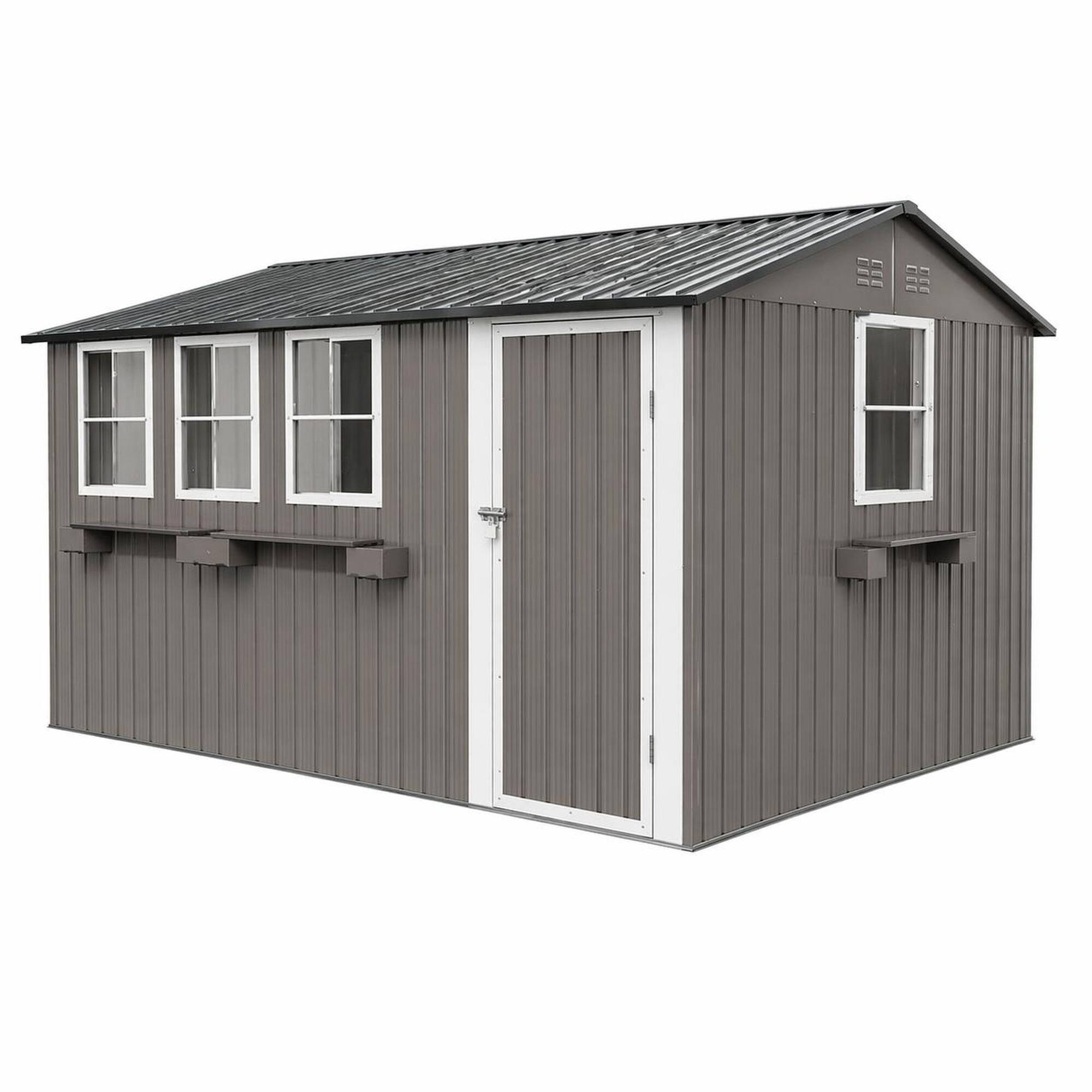 Front. RYHNUYNE - 12x10 ft Metal Shed 3 Windows Flower Rack Lockable Door Garden Storage Brown Black - Brown.