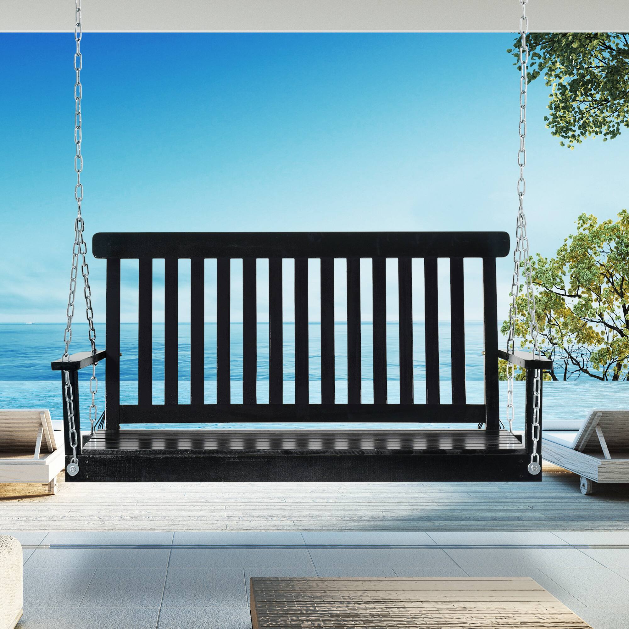 Alt View 1. Outsunny - Hanging Porch Swing Outdoor Patio Swing Chair Seat with Slatted Build and Chains - Black.