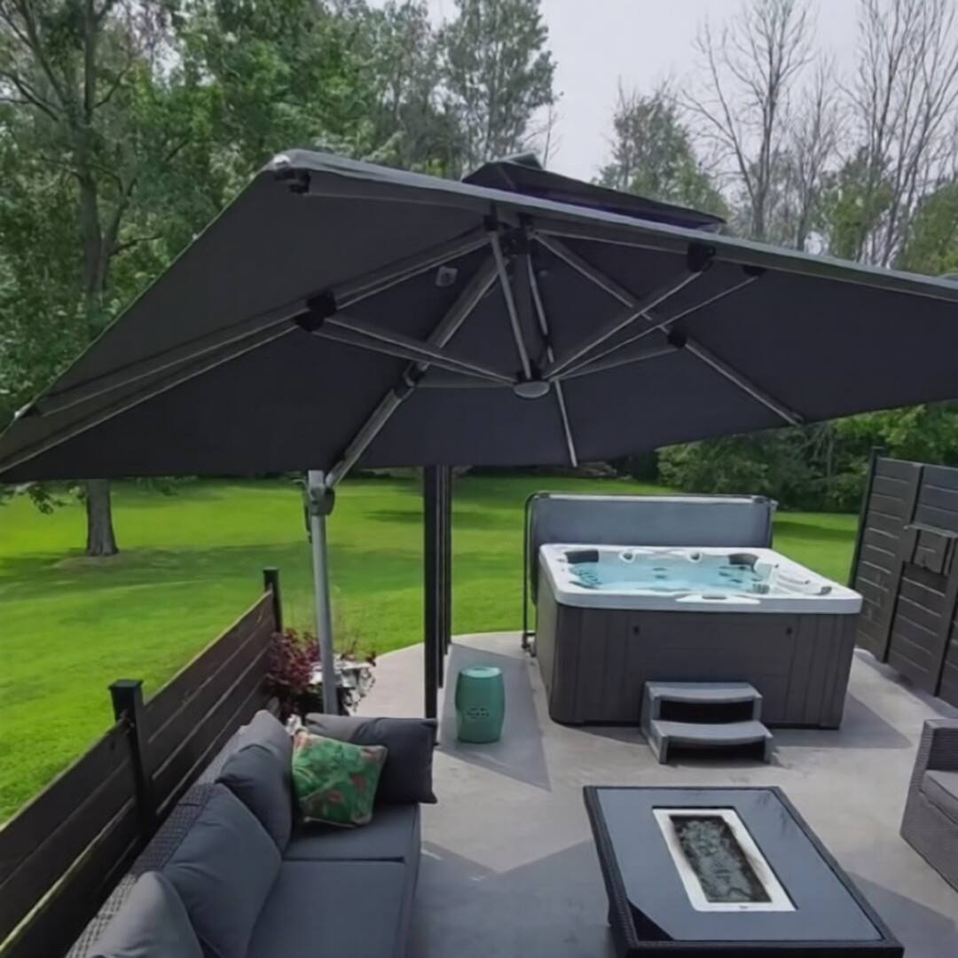 Angle. PURPLE LEAF - 11 ft. Patio Square Aluminum Solar Powered LED Cantilever Outdoor Offset Umbrella with Base for Garden Deck Pool - Gray.