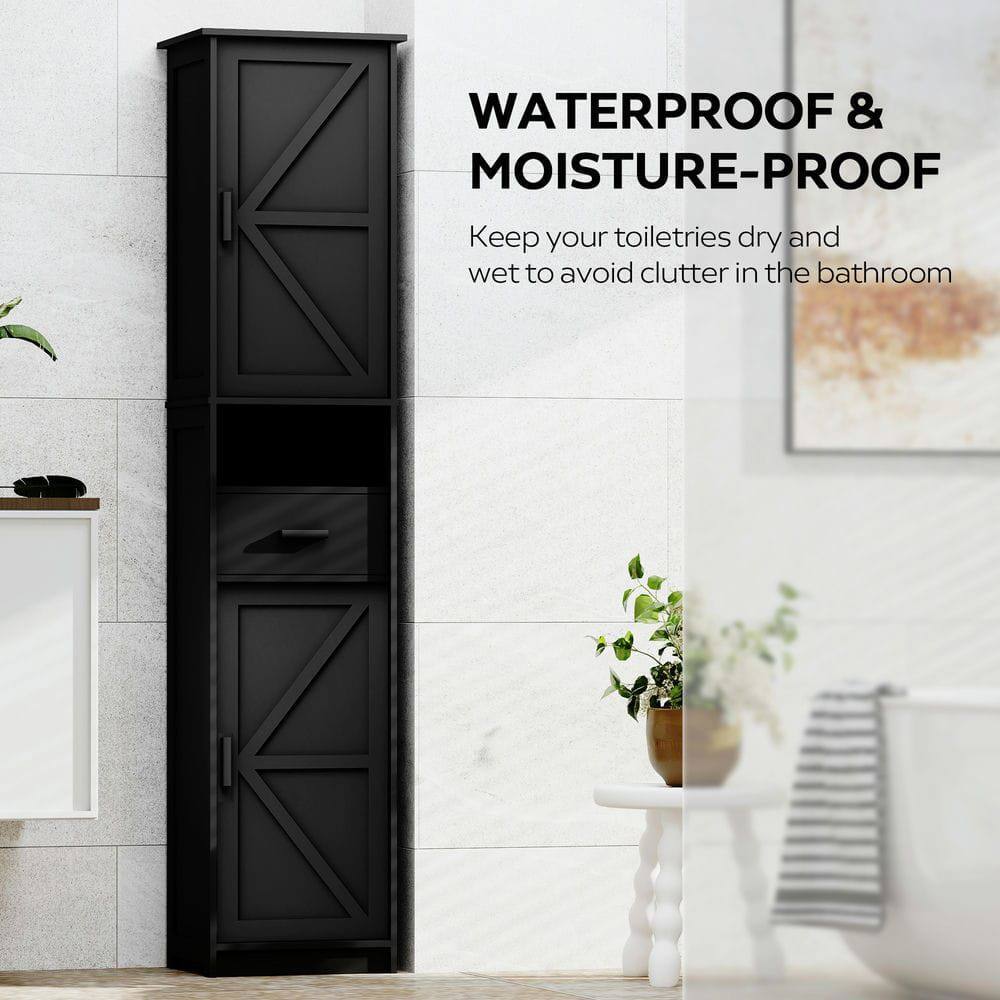 Angle. Kadyn - 69" H Tall Bathroom Storage Cabinet with 2 Barn Doors and 1 Drawer, Narrow Storage Unit, Adjustable Shelves, Black - Black.