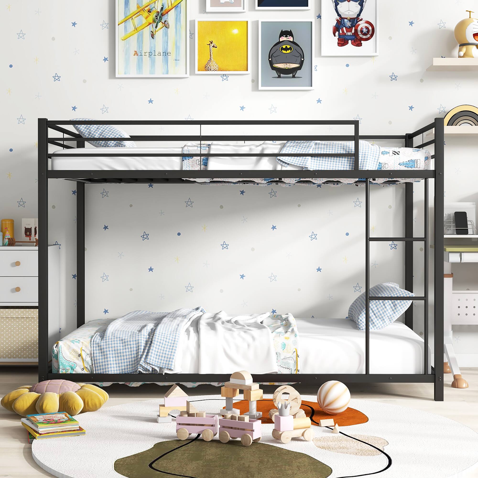 Alt View 2. Gymax - Gymax Twin Over Twin Low Metal Bunk Bed with Ladder Guardrails for Teens Adults Black - Black.