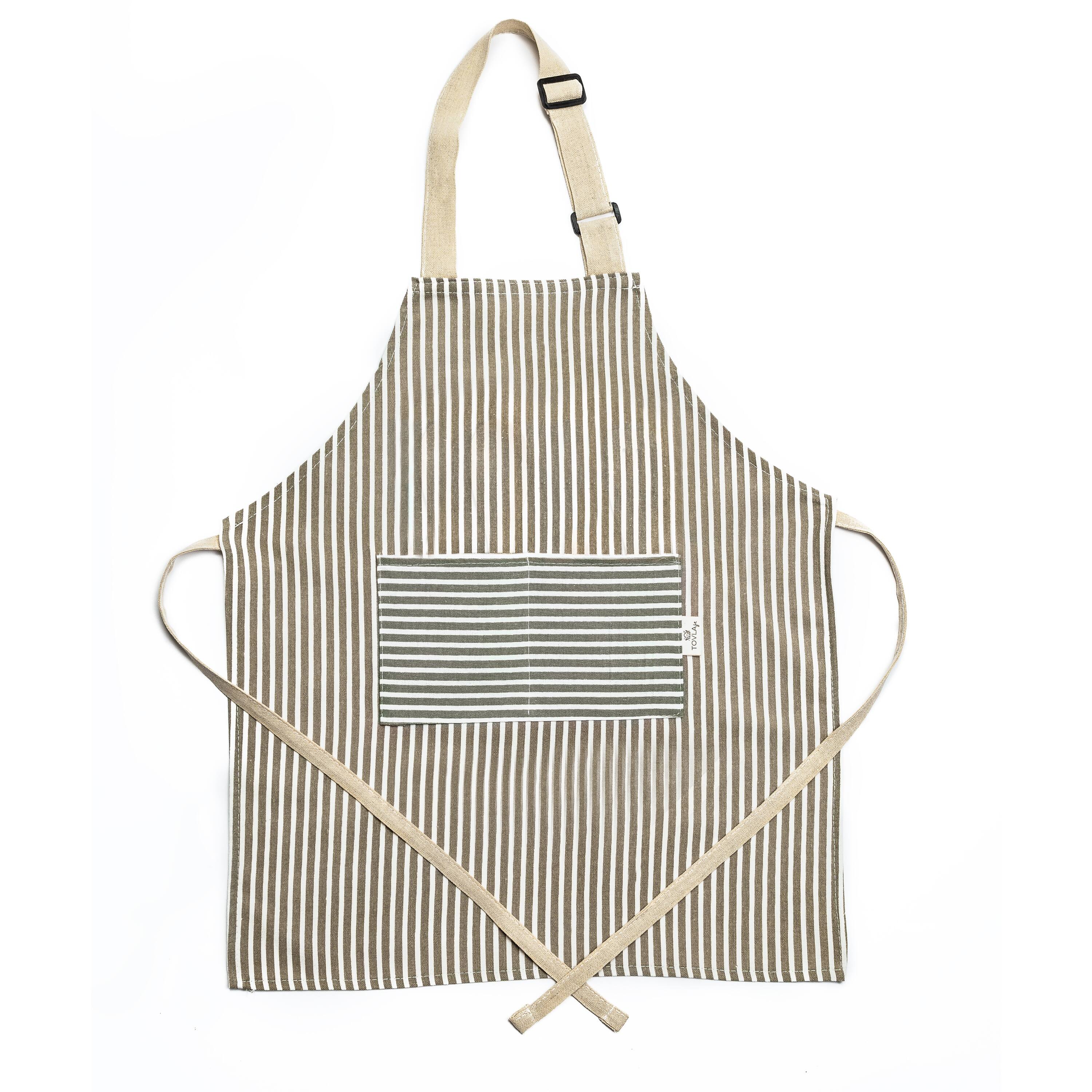 Left. Tovla Jr - Apron Gift Set for Kids - Baking and cooking with Pocket for Boys and Girls - Striped Print - Striped.