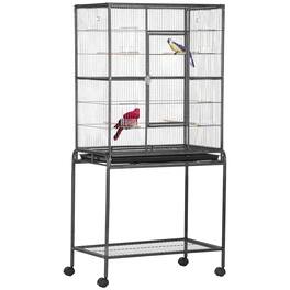 Pawhut - 30" Rolling Metal Bird Cage Feeder with Detachable Rolling Stand, Storage Shelf - Black and Gray